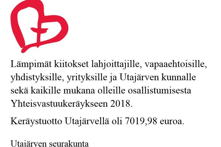 Yhteisvastuun keräystuotto 2018 oli 7019,98 euroa.