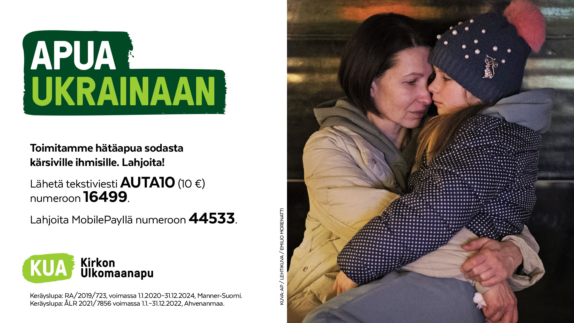 Kirkon Ulkomaanavun lahjoitusyhteystiedot ja kuvassa pakolaisäiti istuu lapsi sylissään.